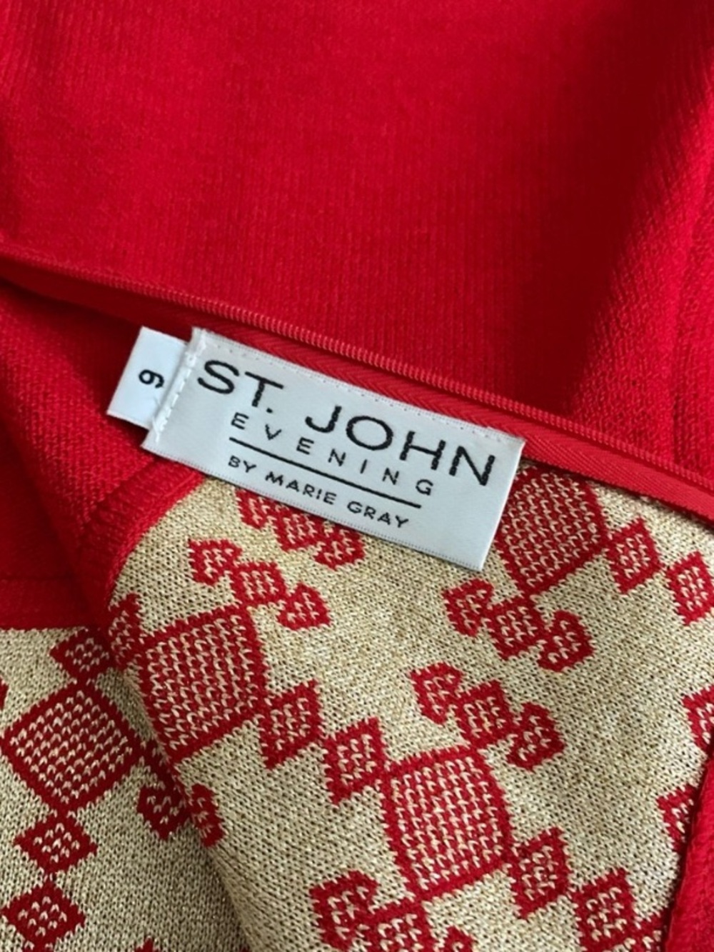 St.John Red Knit Maxi Dress with Gold Mirror Accents - Picture 3 of 8